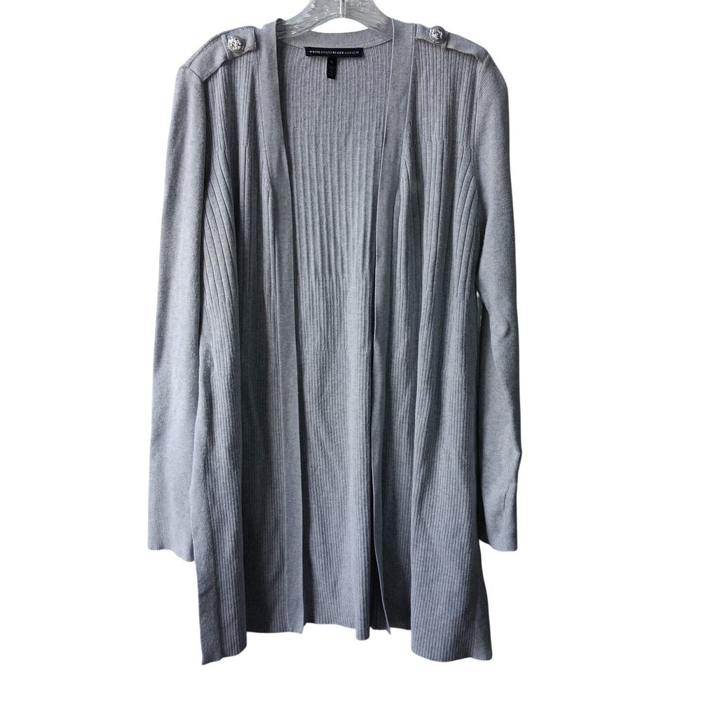 EUC White House Black Market L Light Gray Long Ribbed Open Cardigan NICE!